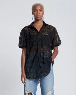 7 For All Mankind Puff Sleeve Lace Button-Up Tunic In Black