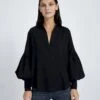 7 For All Mankind Balloon Sleeve Crepe Top In Jet Black