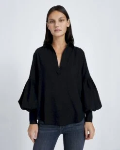 7 For All Mankind Balloon Sleeve Crepe Top In Jet Black