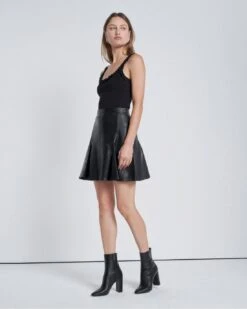 7 For All Mankind Leather Skater Skirt In Black