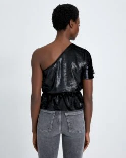 7 For All Mankind One Shoulder Ruffle Blouse In Black Shine -7 For All Mankind Shop 47cd1588bd3d17db9cae82ba69c78772