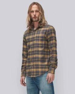 7 For All Mankind Check Plaid Shirt In Yellow And Blue Plaid