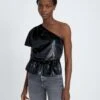 7 For All Mankind One Shoulder Ruffle Blouse In Black Shine