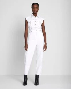 7 For All Mankind Denim Lustre Sleeveless Balloon Jumpsuit In Brilliant White