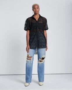 7 For All Mankind Puff Sleeve Lace Button-Up Tunic In Black -7 For All Mankind Shop 783b9c2d3d8780a670eec49afa3039b7