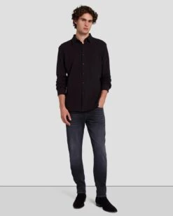 7 For All Mankind Pique Knit Button Down In Black -7 For All Mankind Shop 7M260340 BLK 6