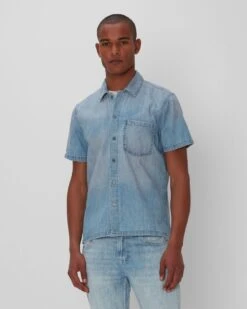 7 For All Mankind Short Sleeve Camp Collar Denim Shirt In Midpines