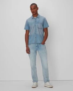 7 For All Mankind Short Sleeve Camp Collar Denim Shirt In Midpines -7 For All Mankind Shop 7M906882 MDP 05