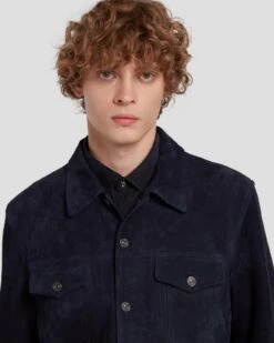 7 For All Mankind Suede Trucker In Navy -7 For All Mankind Shop 7MSEML01 NVY 3