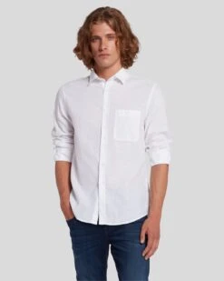 7 For All Mankind Linen Blend Button Up Shirt In White