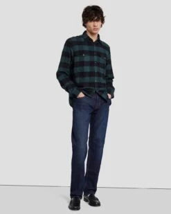 7 For All Mankind Flannel Overshirt In Hunter Green -7 For All Mankind Shop 7MSFMS36 HUG 3
