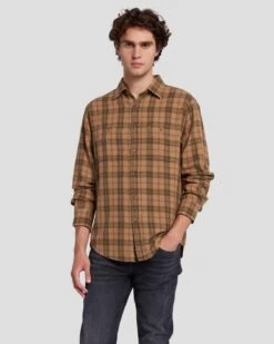 7 For All Mankind Checkered Overshirt In Sand