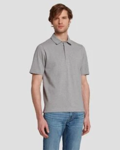 7 For All Mankind Pique Knit Polo In Heather Grey