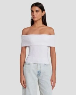 7 For All Mankind Off The Shoulder Ribbed Top In Bright White -7 For All Mankind Shop 7N116F23 BRW 3