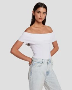 7 For All Mankind Off The Shoulder Ribbed Top In Bright White -7 For All Mankind Shop 7N116F23 BRW 5