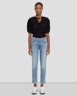 7 For All Mankind Short Sleeve Crochet Sweater In Black -7 For All Mankind Shop 7N118C72 BLK 1