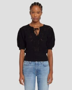 7 For All Mankind Short Sleeve Crochet Sweater In Black