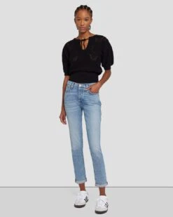 7 For All Mankind Short Sleeve Crochet Sweater In Black -7 For All Mankind Shop 7N118C72 BLK 6