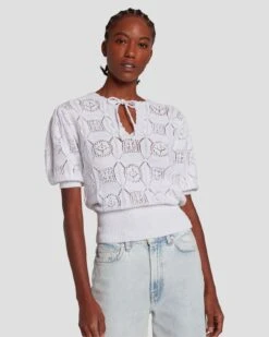 7 For All Mankind Short Sleeve Crochet Sweater In Bright White -7 For All Mankind Shop 7N118C72 BRW 3