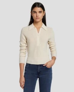 7 For All Mankind Quarter Zip Polo Sweater In Cream -7 For All Mankind Shop 7N120F35 CRM 5