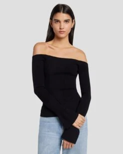 7 For All Mankind Off Shoulder Sweater In Black -7 For All Mankind Shop 7N121F35 BLK 5