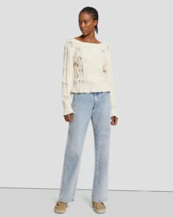 7 For All Mankind Floral Cable Knit Sweater In Cream -7 For All Mankind Shop 7N125F46 CRM 4