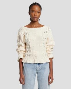 7 For All Mankind Floral Cable Knit Sweater In Cream -7 For All Mankind Shop 7N125F46 CRM 6