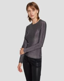 7 For All Mankind Long Sleeve Shimmer Top In Gunmetal