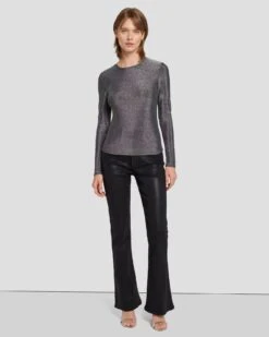 7 For All Mankind Long Sleeve Shimmer Top In Gunmetal -7 For All Mankind Shop 7N260F40 GNM 3