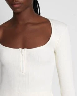 7 For All Mankind Quarter Zip Ribbed Top In Antique White -7 For All Mankind Shop 7N331F08 ANW 3