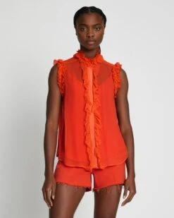 7 For All Mankind Silk Sleeveless Ruffle Top In Koi