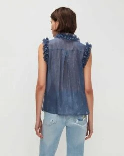 7 For All Mankind Sleeveless Lurex Stripe Ruffle Collar Shirt In Denim Blue 9 7 For All Mankind Sleeveless Lurex Stripe Ruffle Collar Shirt In Denim Blue -7 For All Mankind Shop 7N515C55 DBM 04