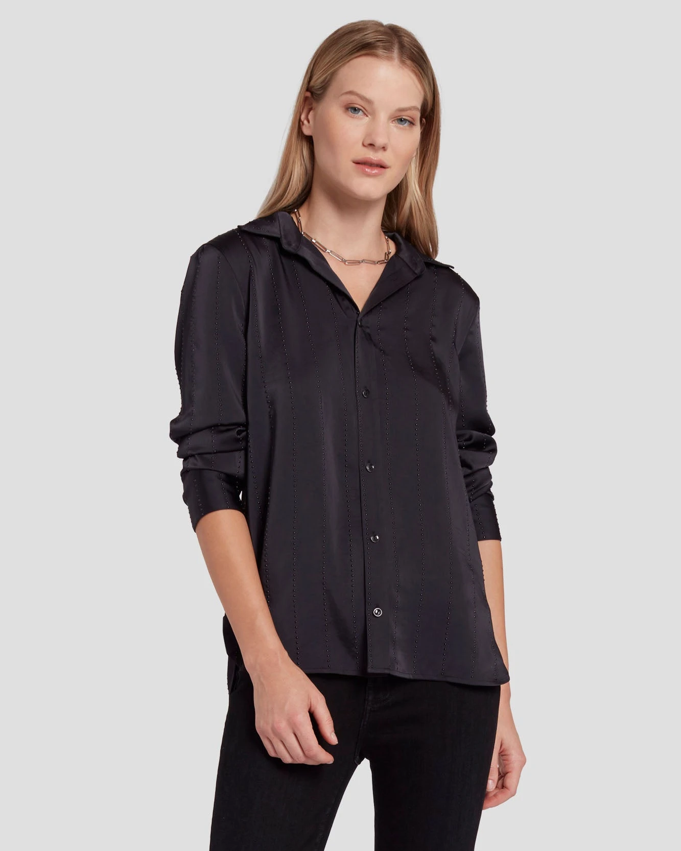 7 For All Mankind Embellished Satin Button-Up Shirt In Black 3 7 For All Mankind Embellished Satin Button-Up Shirt In Black