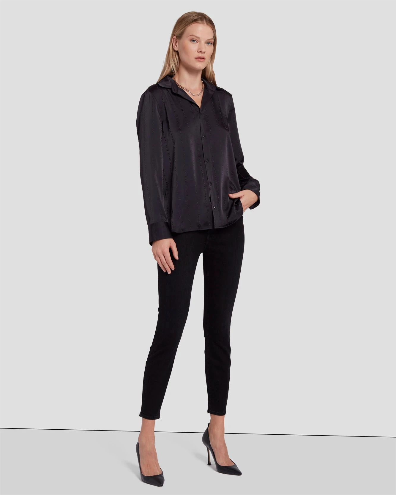 7 For All Mankind Embellished Satin Button-Up Shirt In Black 4 7 For All Mankind Embellished Satin Button-Up Shirt In Black - Image 2