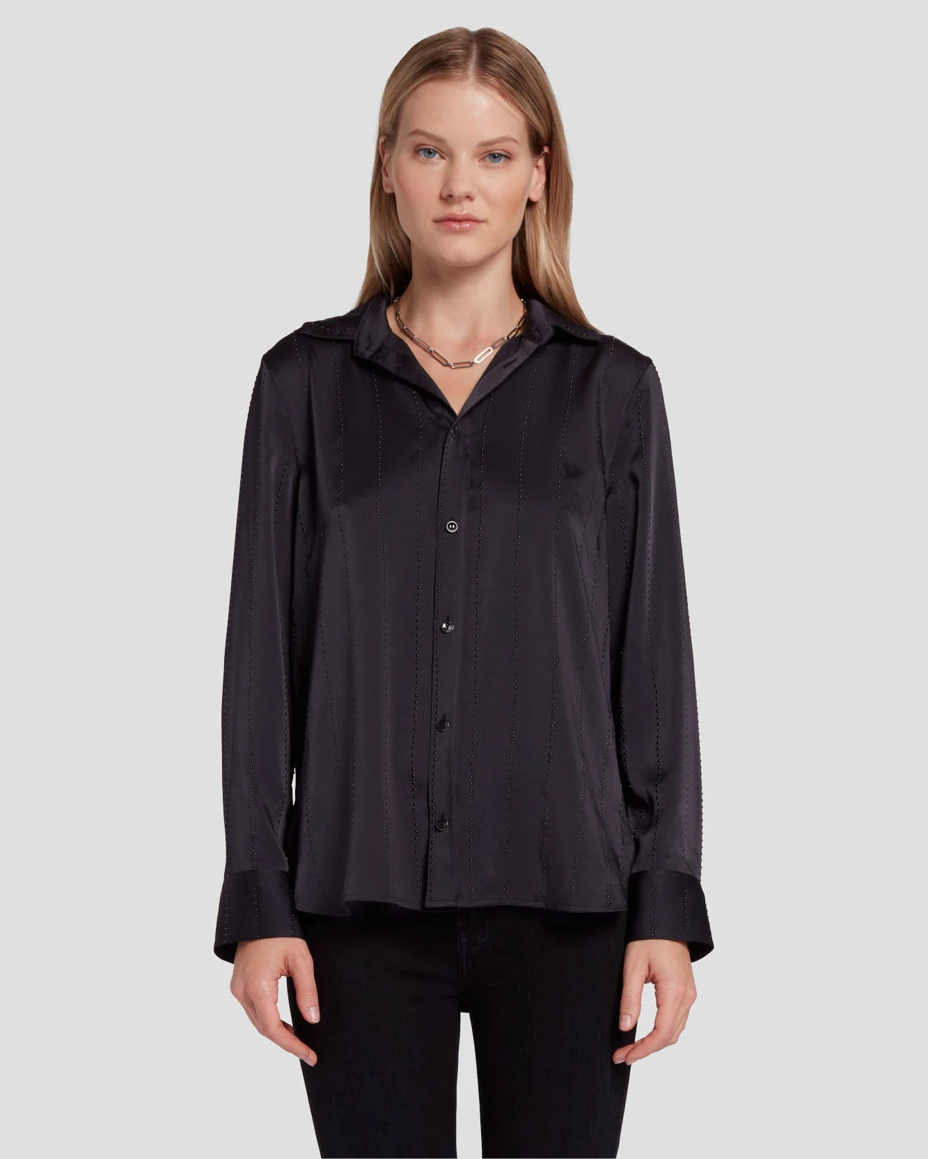 7 For All Mankind Embellished Satin Button-Up Shirt In Black 8 7 For All Mankind Embellished Satin Button-Up Shirt In Black - Image 6