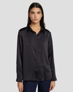7 For All Mankind Satin Button Up Shirt In Black