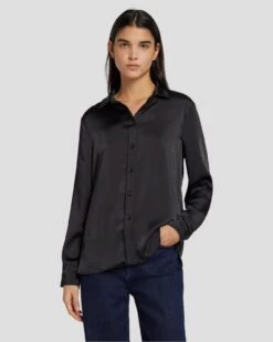 7 For All Mankind Satin Button Up Shirt In Black -7 For All Mankind Shop 7N574F42 BLK 6