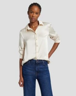 7 For All Mankind Satin Button Up Shirt In Cream