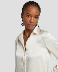 7 For All Mankind Satin Button Up Shirt In Cream -7 For All Mankind Shop 7N574F42 CRM 3