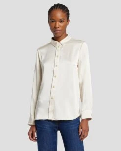 7 For All Mankind Satin Button Up Shirt In Cream -7 For All Mankind Shop 7N574F42 CRM 6