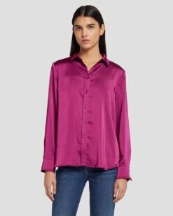 7 For All Mankind Satin Button Up Shirt In Raspberry -7 For All Mankind Shop 7N574F42 RBR 3