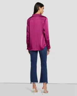7 For All Mankind Satin Button Up Shirt In Raspberry -7 For All Mankind Shop 7N574F42 RBR 4