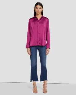 7 For All Mankind Satin Button Up Shirt In Raspberry -7 For All Mankind Shop 7N574F42 RBR 6