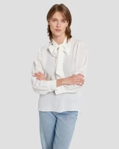 7 For All Mankind Silk Tie Neck Blouse In Cream