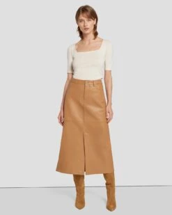 7 For All Mankind Leather Midi Skirt In Brown Sugar