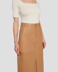 7 For All Mankind Leather Midi Skirt In Brown Sugar -7 For All Mankind Shop 7N821D71 BNS 5