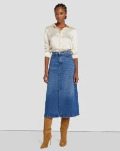 7 For All Mankind Denim Midi Skirt In Explorer
