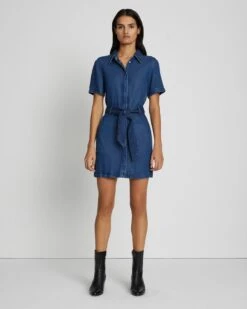7 For All Mankind Denim Lustre Belted Shirtdress In Dark Indigo