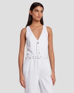 7 For All Mankind Denim Lustre Tailored Wide Leg Jumpsuit In Brilliant White -7 For All Mankind Shop 7U896786 BW0 6