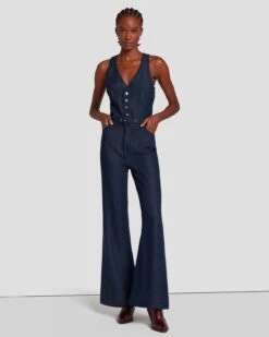 7 For All Mankind Denim Lustre Tailored Wide Leg Jumpsuit In Dark Rinse -7 For All Mankind Shop 7U896C86 DR3 3